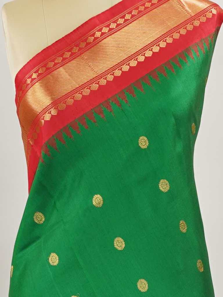 Gadwal Silk Gadwal handlooms are where simplicity meets regal artistry. Their contrast borders and rich pallus embody cultural pride. Shantala - Handloom Gadwal Silk Saree | Pure Silk | Zari Border - Manoranjitham Weaves - Handloom Store
