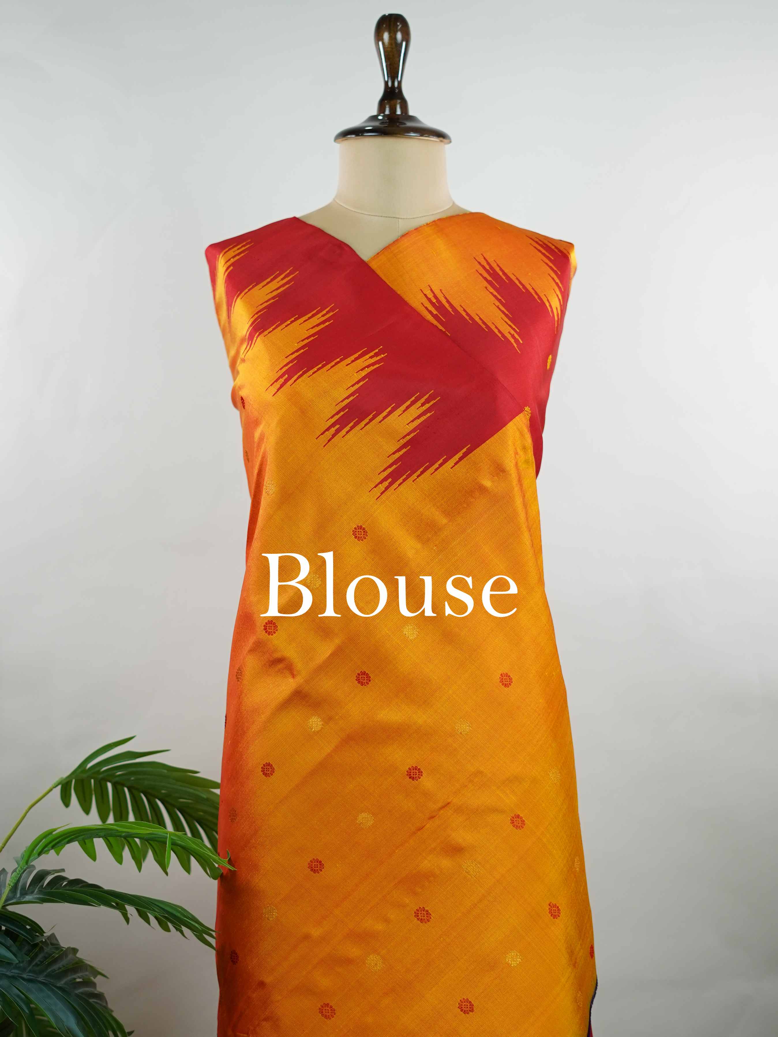 Gadwal Silk This vibrant Gadwal saree features a red body paired with a mustard border, crafted from 100% pure silk.br
The body is adorned with delicate thread buttis, while the border showcases traditional temple kota kommas for a classic touch.br
Completed with a contrasting blouse, it highlights exquisite handloom craftsmanship and timeless elegance. Ekanta - Red Handloom Gadwal Silk Saree | Pure Silk | Zari Border - Manoranjitham Weaves - Handloom Store