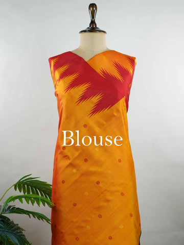 Gadwal Silk This vibrant Gadwal saree features a red body paired with a mustard border, crafted from 100% pure silk.br
The body is adorned with delicate thread buttis, while the border showcases traditional temple kota kommas for a classic touch.br
Completed with a contrasting blouse, it highlights exquisite handloom craftsmanship and timeless elegance. Ekanta - Red Handloom Gadwal Silk Saree | Pure Silk | Zari Border - Manoranjitham Weaves - Handloom Store
