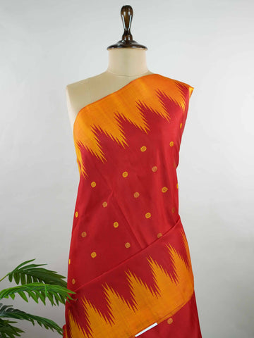 Gadwal Silk This vibrant Gadwal saree features a red body paired with a mustard border, crafted from 100% pure silk.br
The body is adorned with delicate thread buttis, while the border showcases traditional temple kota kommas for a classic touch.br
Completed with a contrasting blouse, it highlights exquisite handloom craftsmanship and timeless elegance. Ekanta - Red Handloom Gadwal Silk Saree | Pure Silk | Zari Border - Manoranjitham Weaves - Handloom Store
