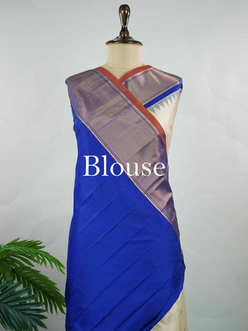 Gadwal Silk Elevate your ethnic elegance with this Gadwal saree in a graceful beige shade, paired with a royal blue blouse. The saree is beautifully adorned with gold and silver buttas that add a subtle festive shimmer. Its traditional weave ensures a rich drape that blends sophistication with cultural charm. Perfect for weddings, festive occasions, and celebrations that call for timeless beauty. Shivaatmika - Handloom Gadwal Silk Saree | Pure Silk | Zari Border - Manoranjitham Weaves - Handloom Store