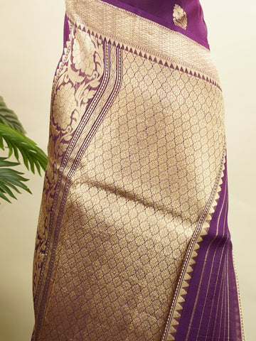 Katan This kora saree features delicate woven buttis and offers a light, comfortable drape. Ishika - Banarasi Kora Saree | Woven Buttas - Manoranjitham Weaves - Handloom Store