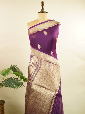 Katan This kora saree features delicate woven buttis and offers a light, comfortable drape. Ishika - Banarasi Kora Saree | Woven Buttas - Manoranjitham Weaves - Handloom Store