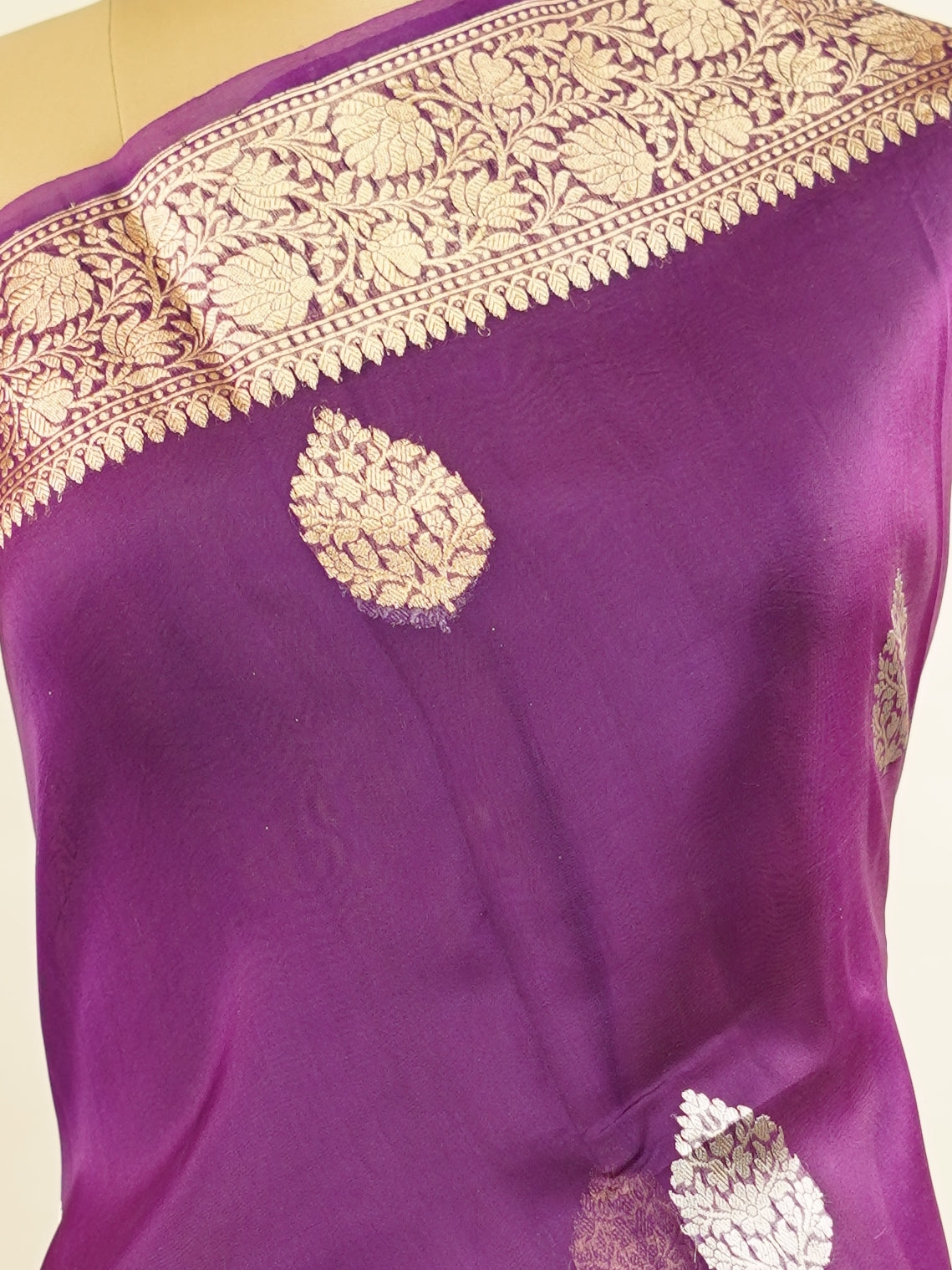 Katan This kora saree features delicate woven buttis and offers a light, comfortable drape. Rama - Banarasi Kora Saree | Woven Buttas - Manoranjitham Weaves - Handloom Store