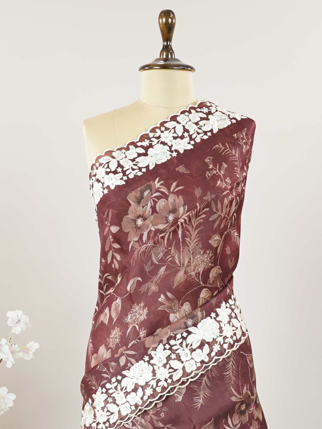 Organza A delicate Organza saree with digital prints and subtle embroidery, combining modern elegance with graceful charm. Lalitambika - Organza Saree | Digital Print - Manoranjitham Weaves - Handloom Store