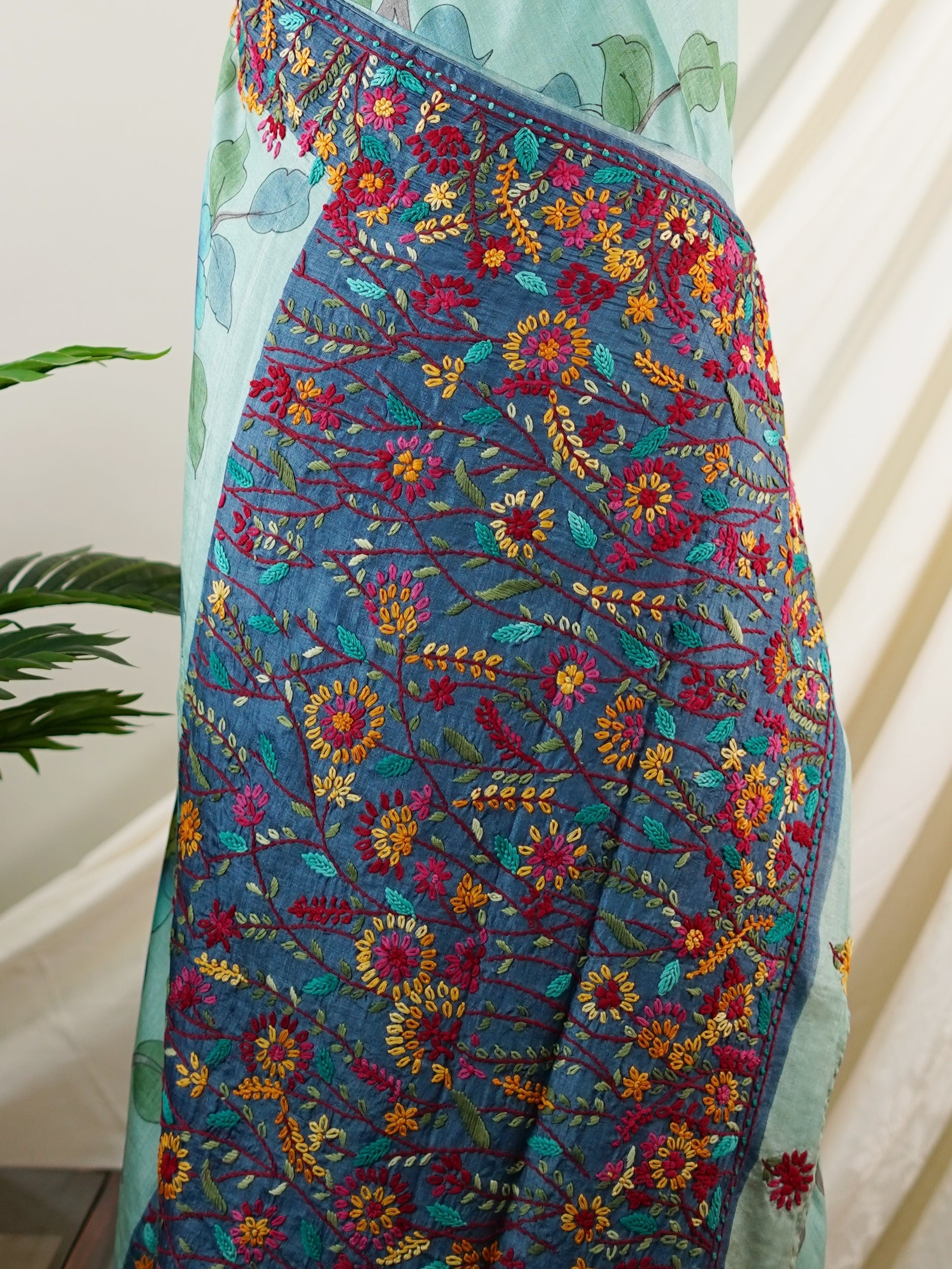 Tussar Blue 100% Pure Tussar - Manoranjitham Weaves - Handloom Store