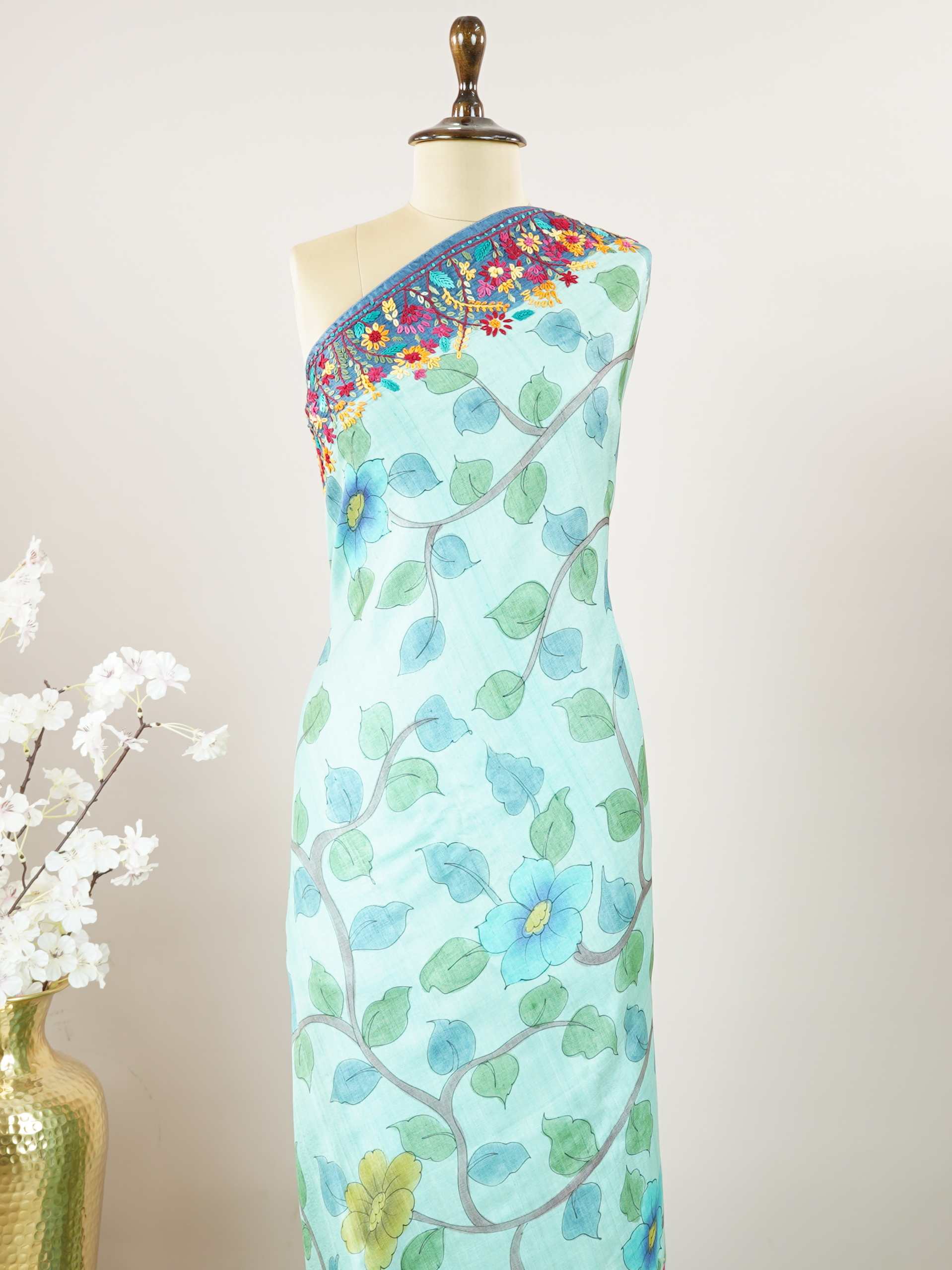 Tussar A Tussar saree with floral digital print and delicate embroidery across the border, pallu, and blouse for a graceful, handcrafted look. Kameshwari - Tussar Silk Saree | Digital Print - Manoranjitham Weaves - Handloom Store