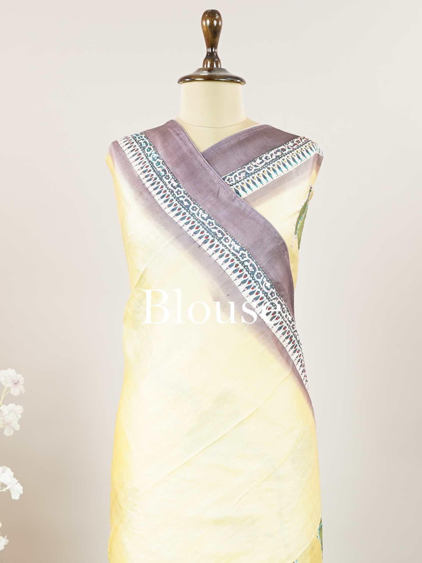 Tussar A Tussar saree with a digital print inspired by Shrinathji’s painting, enhanced with hand-knot embroidery for an artistic and elegant finish. Maheshwari - Tussar Silk Saree | Digital Print - Manoranjitham Weaves - Handloom Store