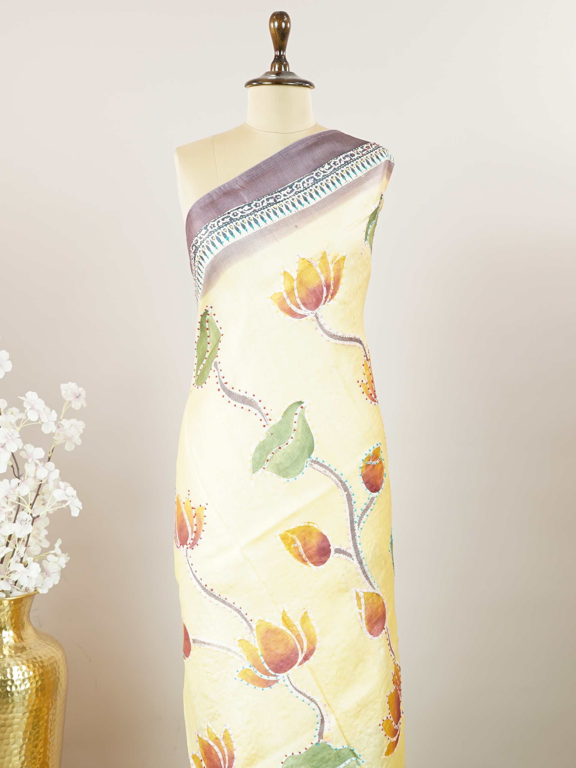 Tussar A Tussar saree with a digital print inspired by Shrinathji’s painting, enhanced with hand-knot embroidery for an artistic and elegant finish. Maheshwari - Tussar Silk Saree | Digital Print - Manoranjitham Weaves - Handloom Store
