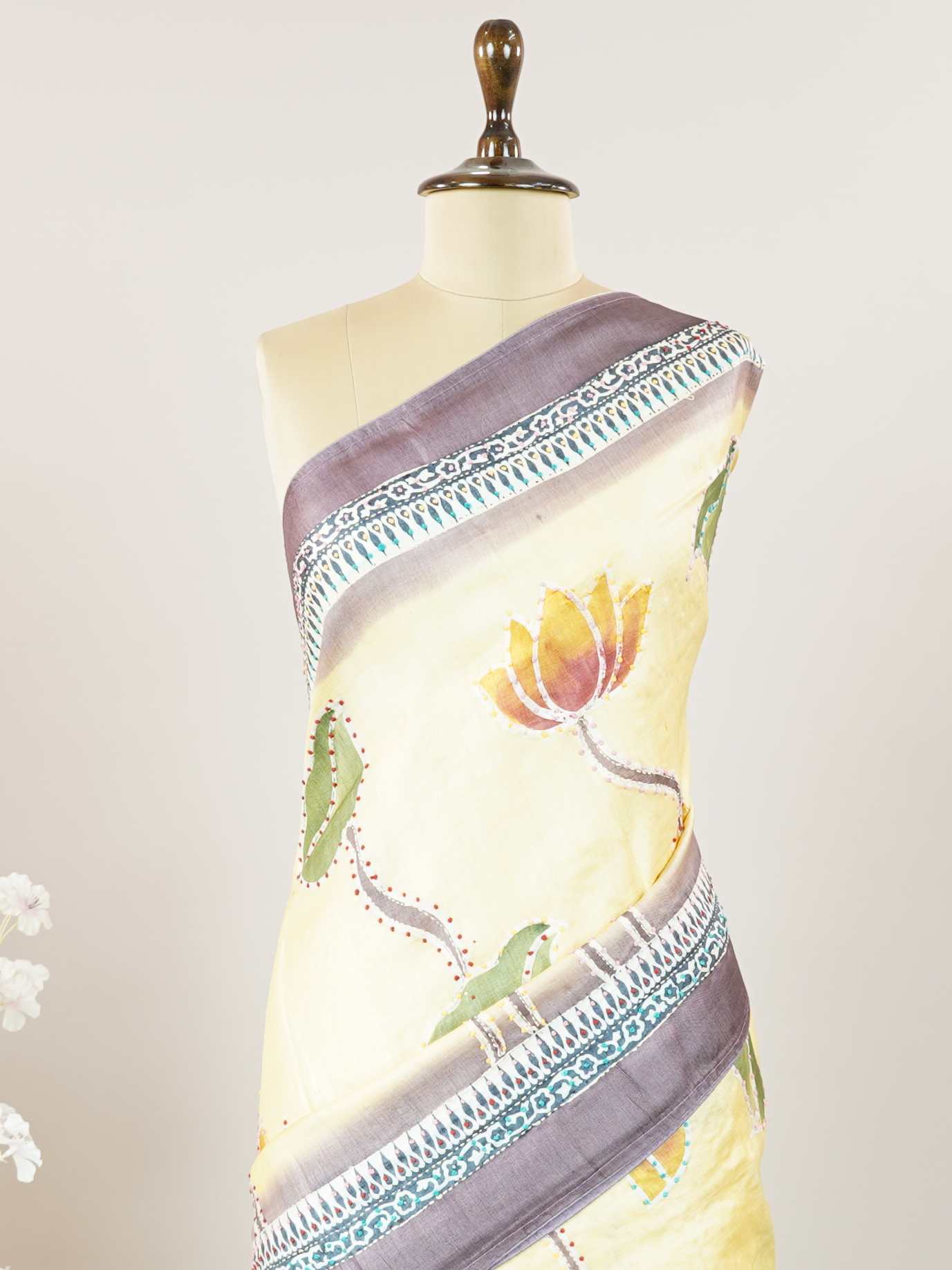 Tussar A Tussar saree with a digital print inspired by Shrinathji’s painting, enhanced with hand-knot embroidery for an artistic and elegant finish. Maheshwari - Tussar Silk Saree | Digital Print - Manoranjitham Weaves - Handloom Store