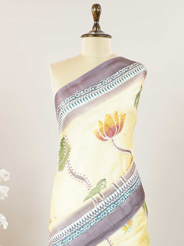 Tussar A Tussar saree with a digital print inspired by Shrinathji’s painting, enhanced with hand-knot embroidery for an artistic and elegant finish. Maheshwari - Tussar Silk Saree | Digital Print - Manoranjitham Weaves - Handloom Store