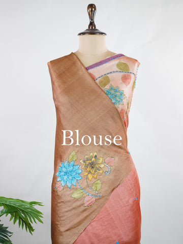 Tussar A Tussar saree with a beautiful digital print that resembles hand painting, enhanced with hand-knot embroidery for a delicate, artistic touch. Shivakameshwari - Manoranjitham Weaves - Handloom Store