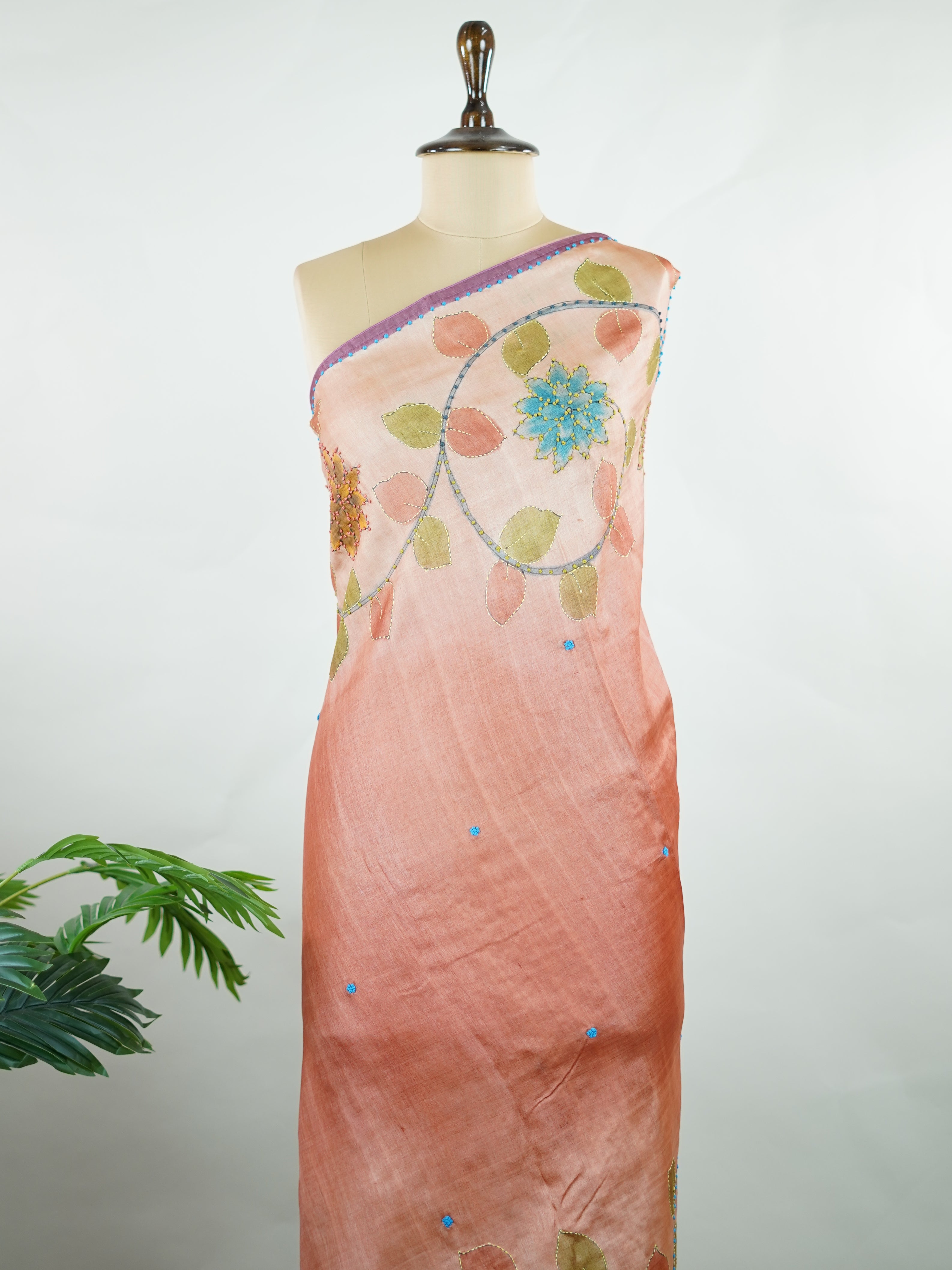 Tussar A Tussar saree with a beautiful digital print that resembles hand painting, enhanced with hand-knot embroidery for a delicate, artistic touch. Shivakameshwari - Manoranjitham Weaves - Handloom Store