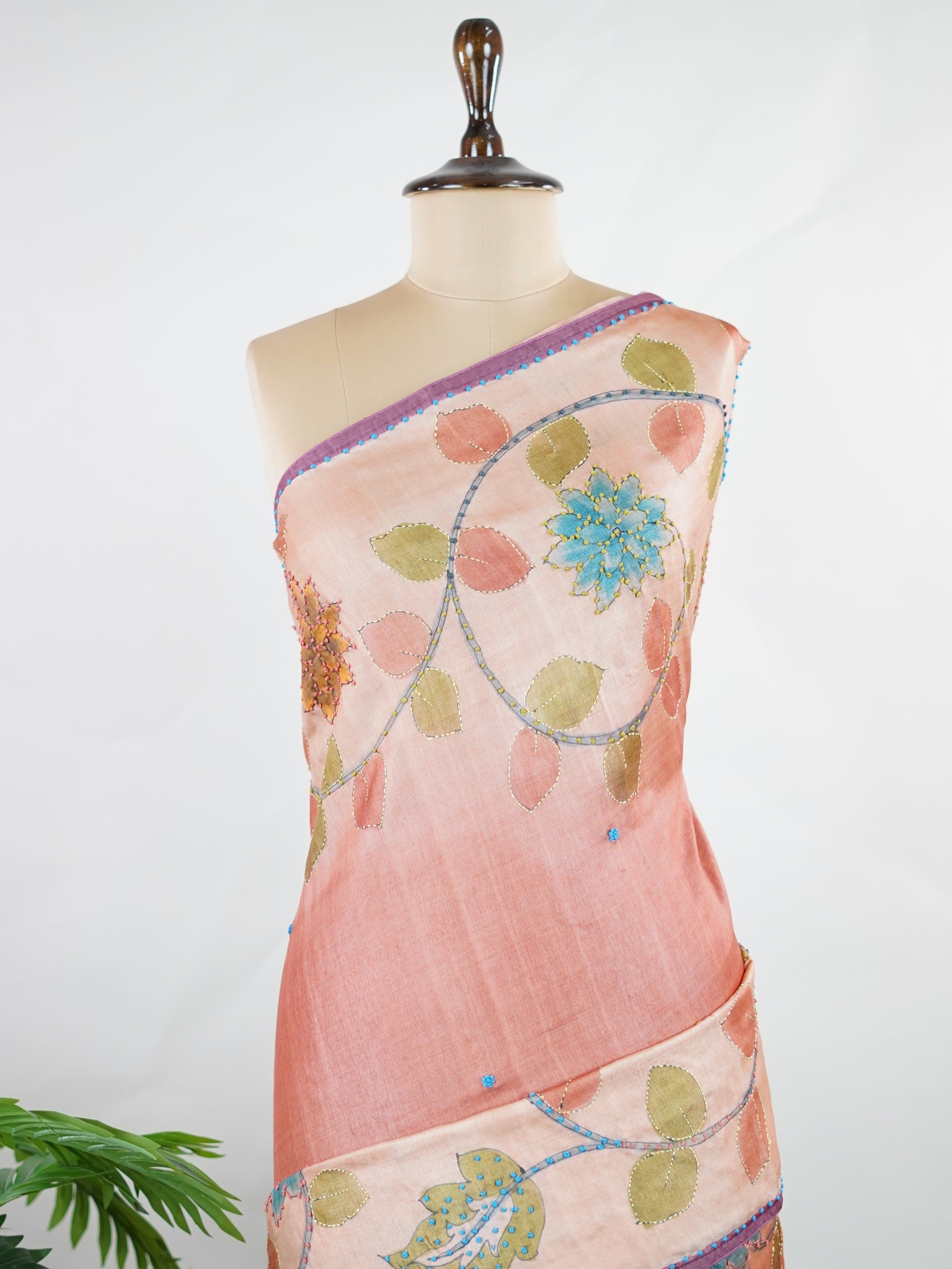 Tussar A Tussar saree with a beautiful digital print that resembles hand painting, enhanced with hand-knot embroidery for a delicate, artistic touch. Shivakameshwari - Manoranjitham Weaves - Handloom Store