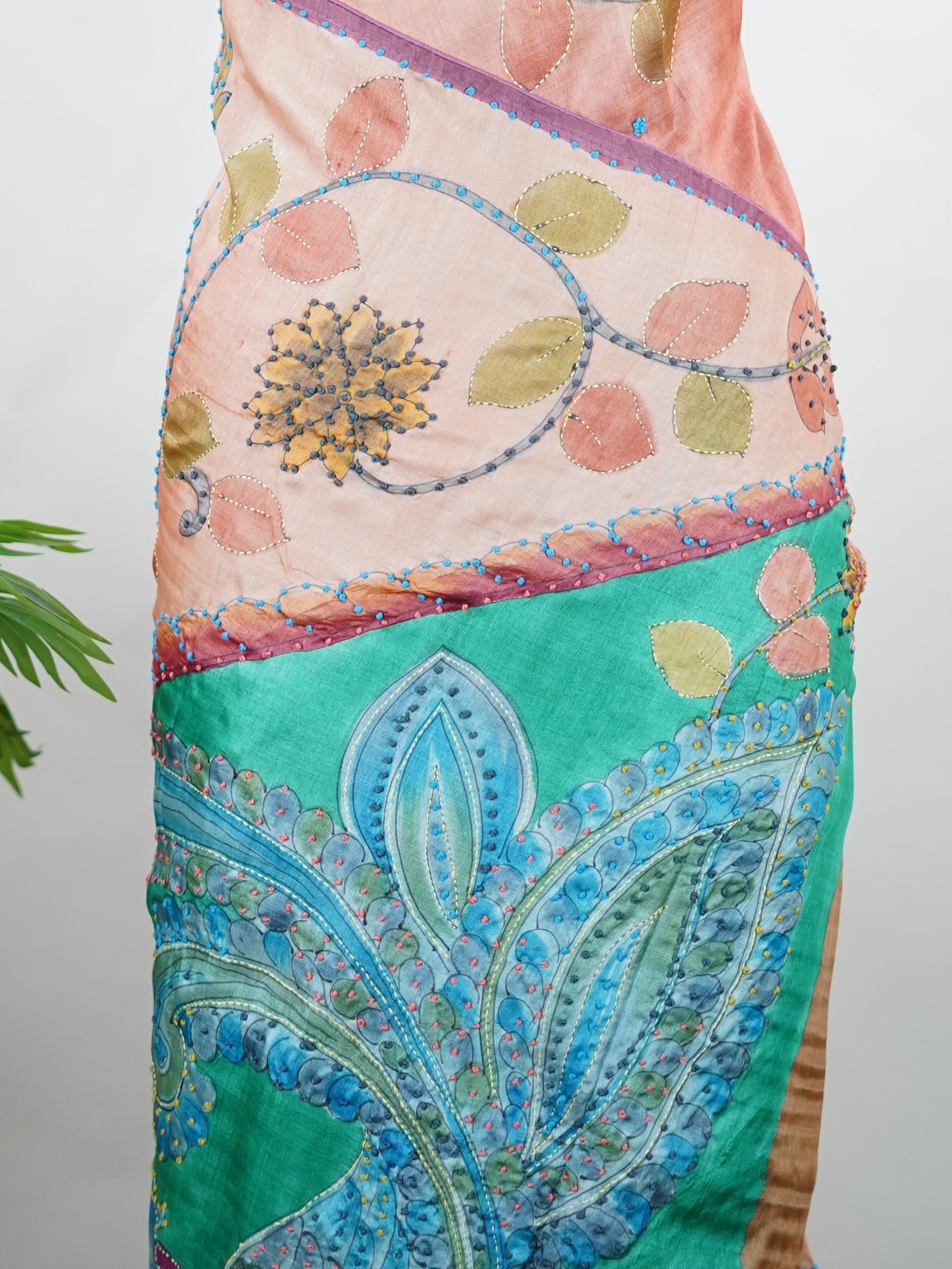 Tussar A Tussar saree with a beautiful digital print that resembles hand painting, enhanced with hand-knot embroidery for a delicate, artistic touch. Shivakameshwari - Manoranjitham Weaves - Handloom Store