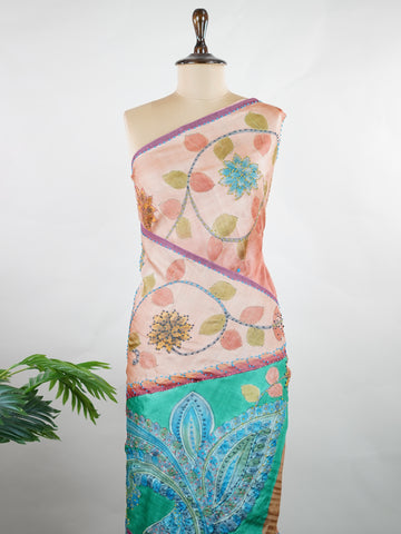 Tussar A Tussar saree with a beautiful digital print that resembles hand painting, enhanced with hand-knot embroidery for a delicate, artistic touch. Shivakameshwari - Manoranjitham Weaves - Handloom Store