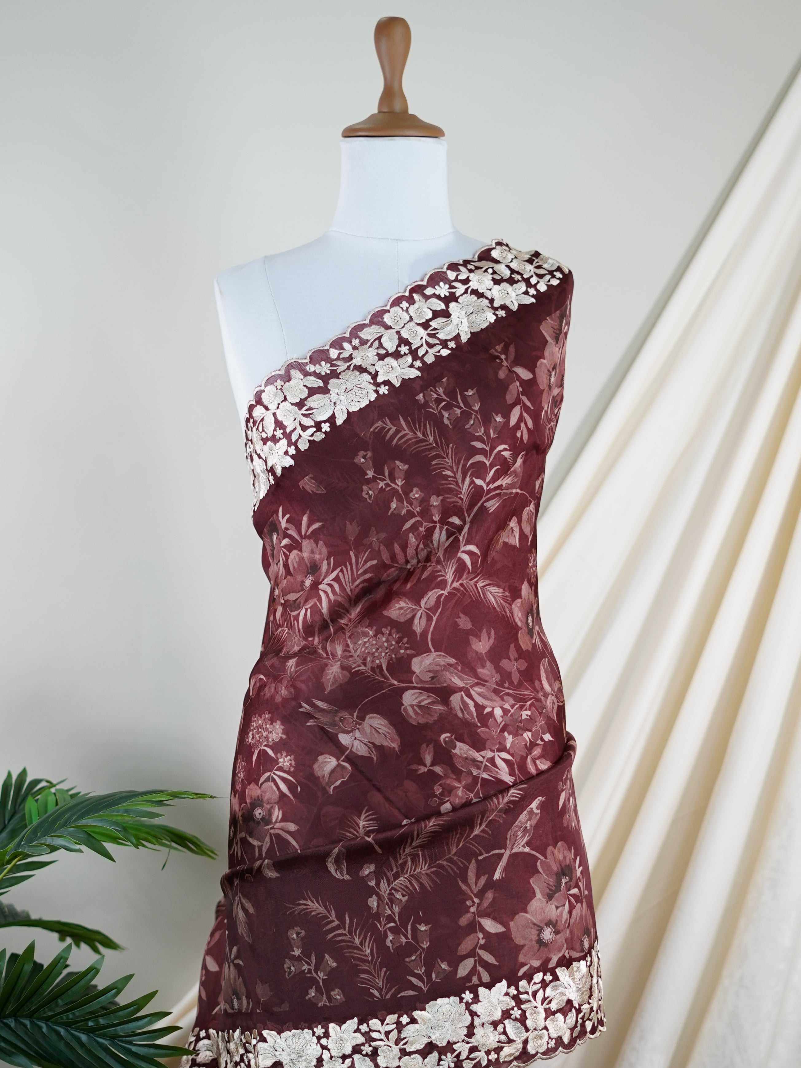Tussar Maroon Organza - Manoranjitham Weaves - Handloom Store