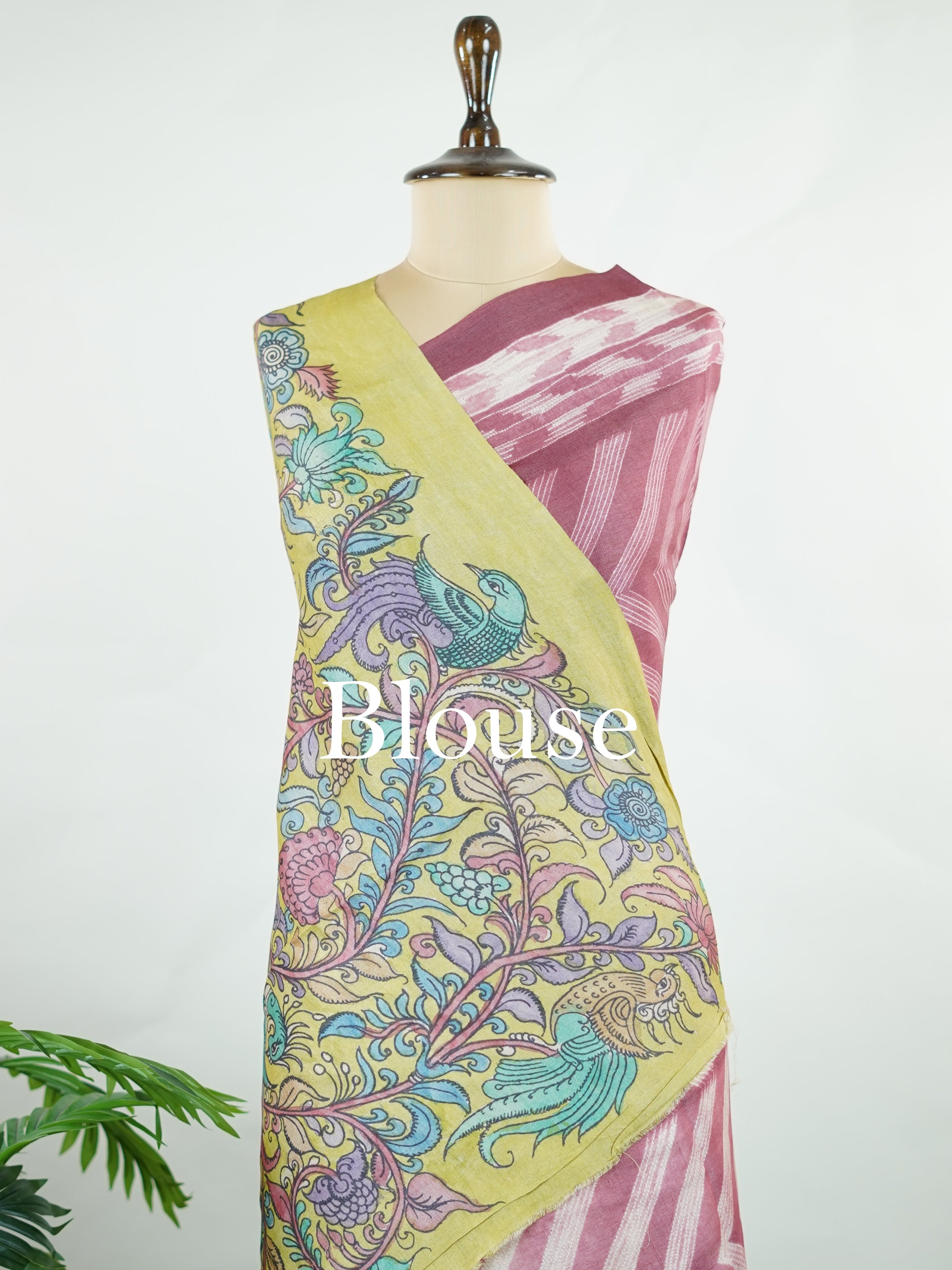 Tussar A Tussar saree with minute hand-done Shibori all over the body, featuring a contrast border and pallu with hand-drawn pen Kalamkari. Elegant, artistic, and truly unique. Karunamayi - Tussar Silk Saree | Pen Kalamkari - Manoranjitham Weaves - Handloom Store