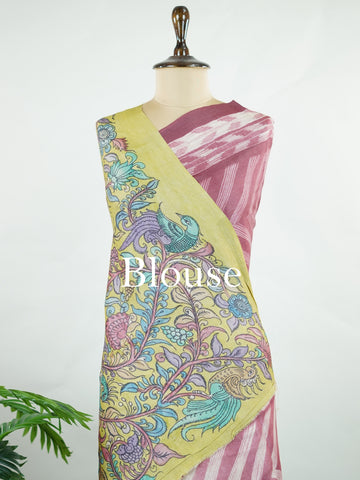 Tussar A Tussar saree with minute hand-done Shibori all over the body, featuring a contrast border and pallu with hand-drawn pen Kalamkari. Elegant, artistic, and truly unique. Karunamayi - Tussar Silk Saree | Pen Kalamkari - Manoranjitham Weaves - Handloom Store