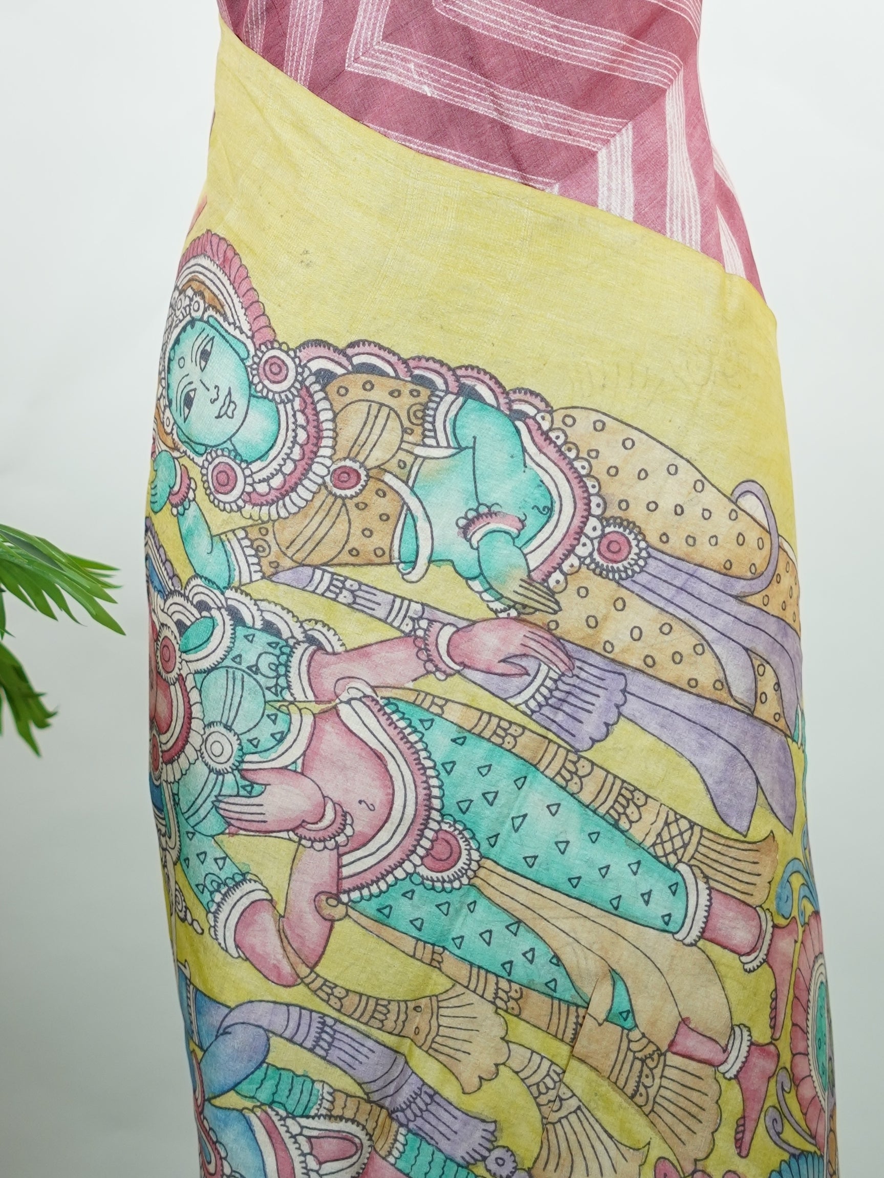 Tussar A Tussar saree with minute hand-done Shibori all over the body, featuring a contrast border and pallu with hand-drawn pen Kalamkari. Elegant, artistic, and truly unique. Karunamayi - Tussar Silk Saree | Pen Kalamkari - Manoranjitham Weaves - Handloom Store