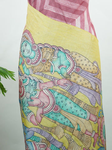 Tussar A Tussar saree with minute hand-done Shibori all over the body, featuring a contrast border and pallu with hand-drawn pen Kalamkari. Elegant, artistic, and truly unique. Karunamayi - Tussar Silk Saree | Pen Kalamkari - Manoranjitham Weaves - Handloom Store
