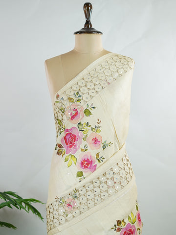 Tussar Tussar with embroidery Chitrini - Manoranjitham Weaves - Handloom Store