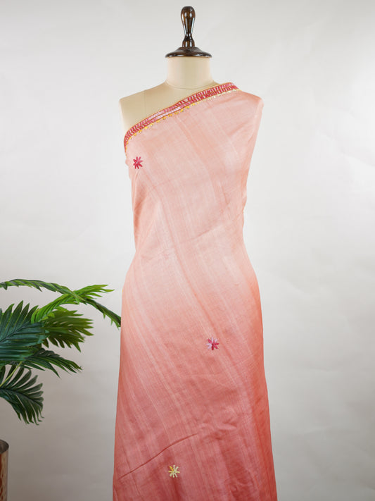 Tussar A dreamy blend of light and dark pastel gradients, this saree radiates soft elegance. Delicate, simple embroidery graces the body and blouse, while the pallu steals the spotlight with rich, heavy katha work—perfect for graceful festive and occasion wear. Anshika - Manoranjitham Weaves - Handloom Store