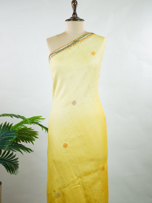Tussar A dreamy blend of light and dark pastel gradients, this saree radiates soft elegance. Delicate, simple embroidery graces the body and blouse, while the pallu steals the spotlight with rich, heavy katha work—perfect for graceful festive and occasion wear. Anahitha - Manoranjitham Weaves - Handloom Store
