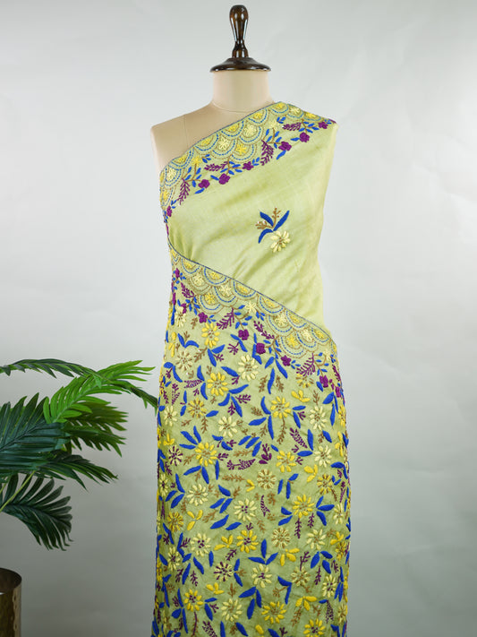 Tussar Exquisite Kashmiri embroidery on the border and pallu transforms this Tussar silk saree into a truly grand ensemble. Intricate floral motifs and fine threadwork add depth and richness, beautifully complementing the natural texture of Tussar.

Elegant, timeless, and regal—perfect for weddings, festive occasions, and special celebrations. Priya - Manoranjitham Weaves - Handloom Store