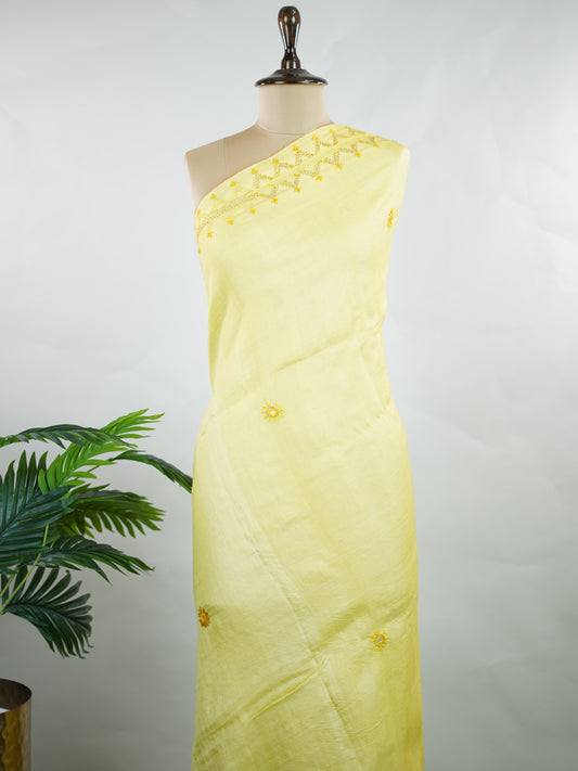 Tussar Striking Lambani embroidery on the border and pallu elevates this Tussar silk saree into a grand statement piece. Intricate tribal motifs, vibrant threads, and signature mirror work beautifully enhance the rich texture of Tussar.

Bold, artistic, and heritage-inspired—perfect for festive occasions and standout celebrations. Pooja - Manoranjitham Weaves - Handloom Store