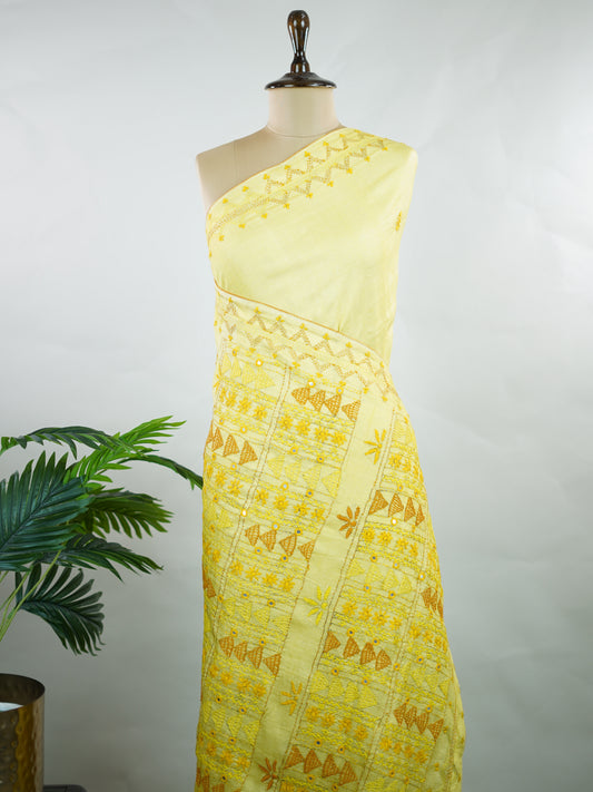 Tussar Striking Lambani embroidery on the border and pallu elevates this Tussar silk saree into a grand statement piece. Intricate tribal motifs, vibrant threads, and signature mirror work beautifully enhance the rich texture of Tussar.

Bold, artistic, and heritage-inspired—perfect for festive occasions and standout celebrations. Pooja - Manoranjitham Weaves - Handloom Store