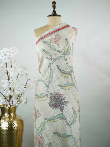 Tussar A  Tussar saree in an elegant cream tone, showcasing a natural texture and subtle sheen.br
Finished with delicate Katha embroidery, it blends earthy charm with understated sophistication. Vadana - Cream Tussar Silk Saree | Katha Embroidery - Manoranjitham Weaves - Handloom Store
