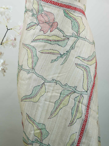 Tussar A  Tussar saree in an elegant cream tone, showcasing a natural texture and subtle sheen.br
Finished with delicate Katha embroidery, it blends earthy charm with understated sophistication. Vadana - Cream Tussar Silk Saree | Katha Embroidery - Manoranjitham Weaves - Handloom Store