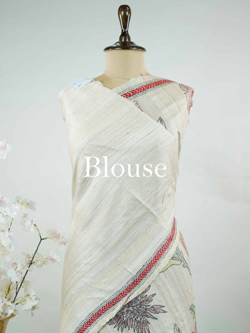 Tussar A  Tussar saree in an elegant cream tone, showcasing a natural texture and subtle sheen.br
Finished with delicate Katha embroidery, it blends earthy charm with understated sophistication. Vadana - Cream Tussar Silk Saree | Katha Embroidery - Manoranjitham Weaves - Handloom Store