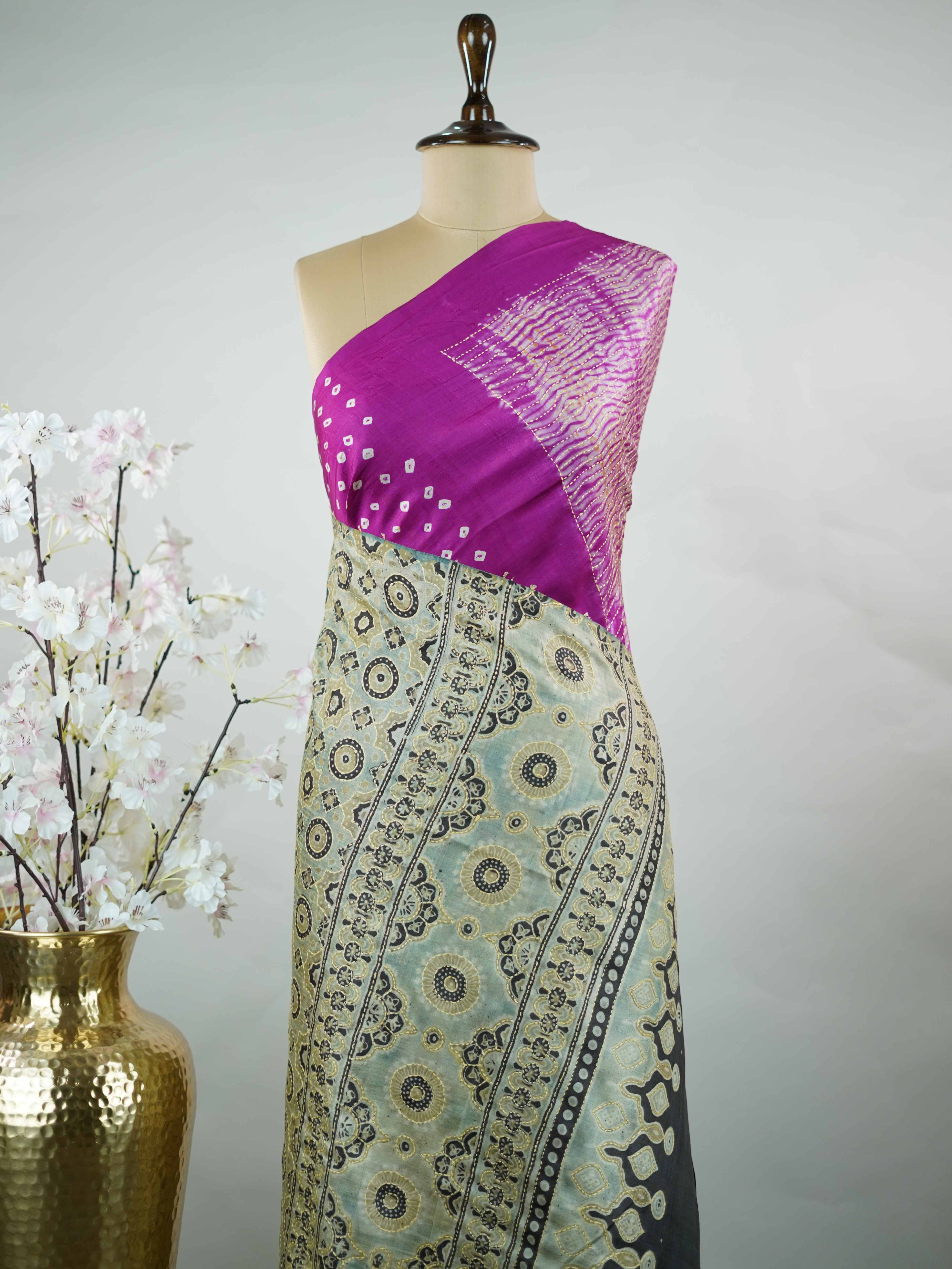 Tussar A vibrant pink soft silk saree accented with fresh green tones, blending tradition with a lively charm.br
Enhanced with delicate Kantha stitching and contemporary digital prints, it offers a unique fusion of craft and modern design. Nayana - Tussar Silk Saree | Kantha Embroidery - Manoranjitham Weaves - Handloom Store