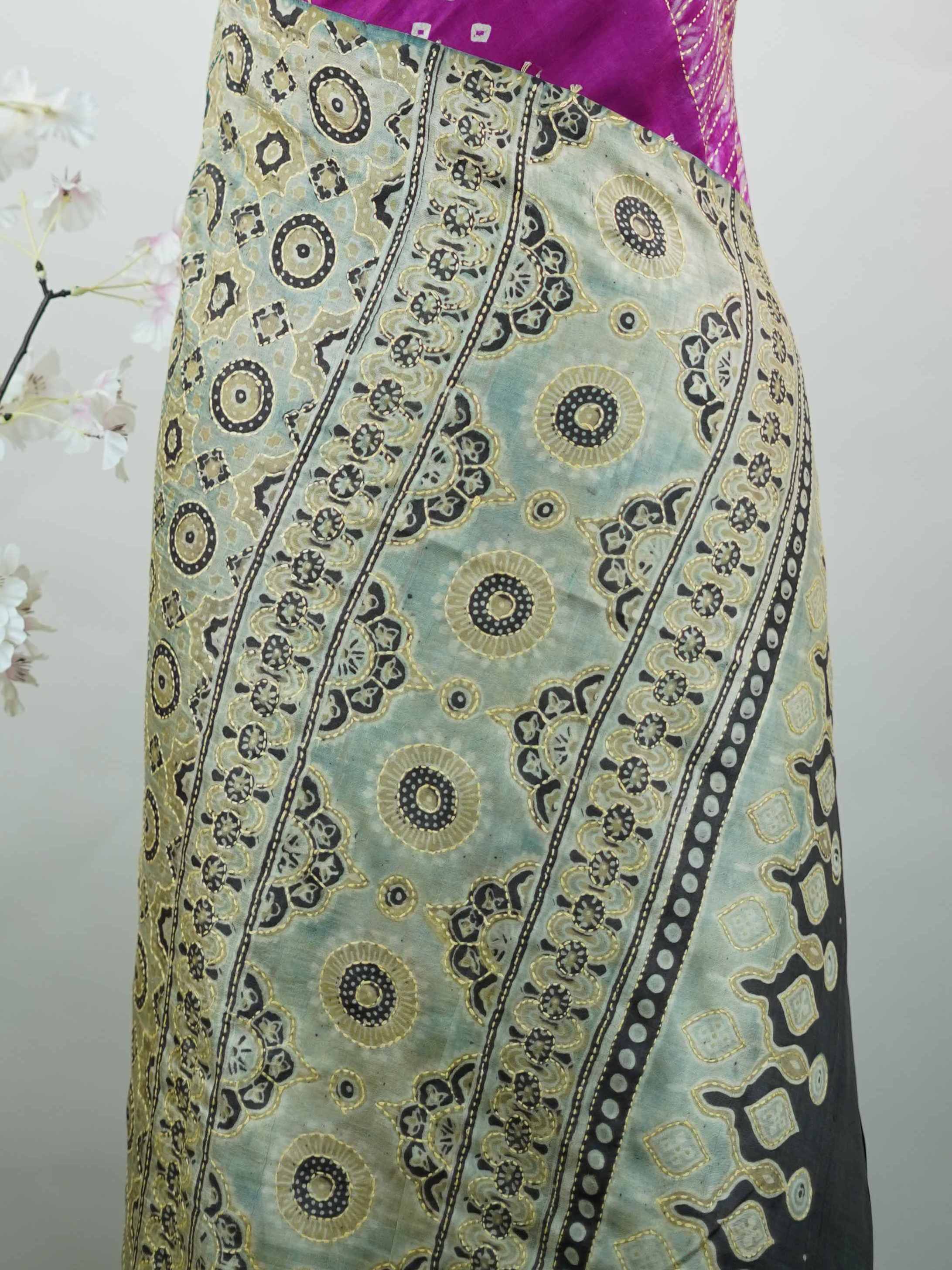 Tussar A vibrant pink soft silk saree accented with fresh green tones, blending tradition with a lively charm.br
Enhanced with delicate Kantha stitching and contemporary digital prints, it offers a unique fusion of craft and modern design. Nayana - Tussar Silk Saree | Kantha Embroidery - Manoranjitham Weaves - Handloom Store