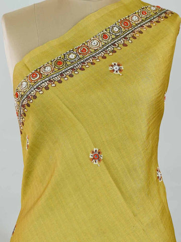 Tussar Mustard green Tussar silk body paired with a serene cream pallu and blouse, highlighted by intricate Radha Krishna embroidery.br
A graceful harmony of earthy vibrance and devotion, woven into timeless artistry. Narayani - Mustard Green Tussar Silk Saree | Radha Krishna Embroidery - Manoranjitham Weaves - Handloom Store