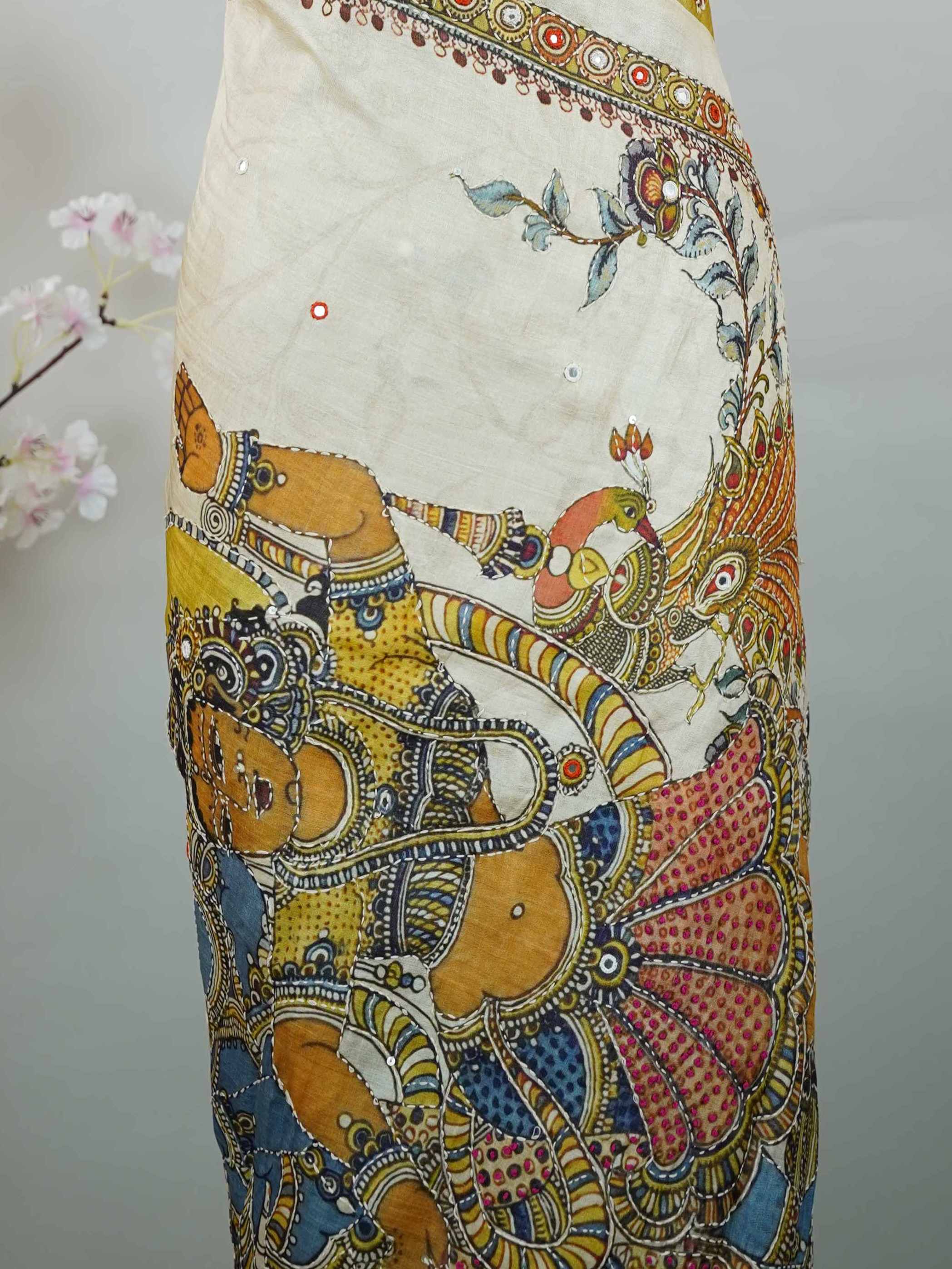 Tussar Mustard green Tussar silk body paired with a serene cream pallu and blouse, highlighted by intricate Radha Krishna embroidery.br
A graceful harmony of earthy vibrance and devotion, woven into timeless artistry. Narayani - Mustard Green Tussar Silk Saree | Radha Krishna Embroidery - Manoranjitham Weaves - Handloom Store