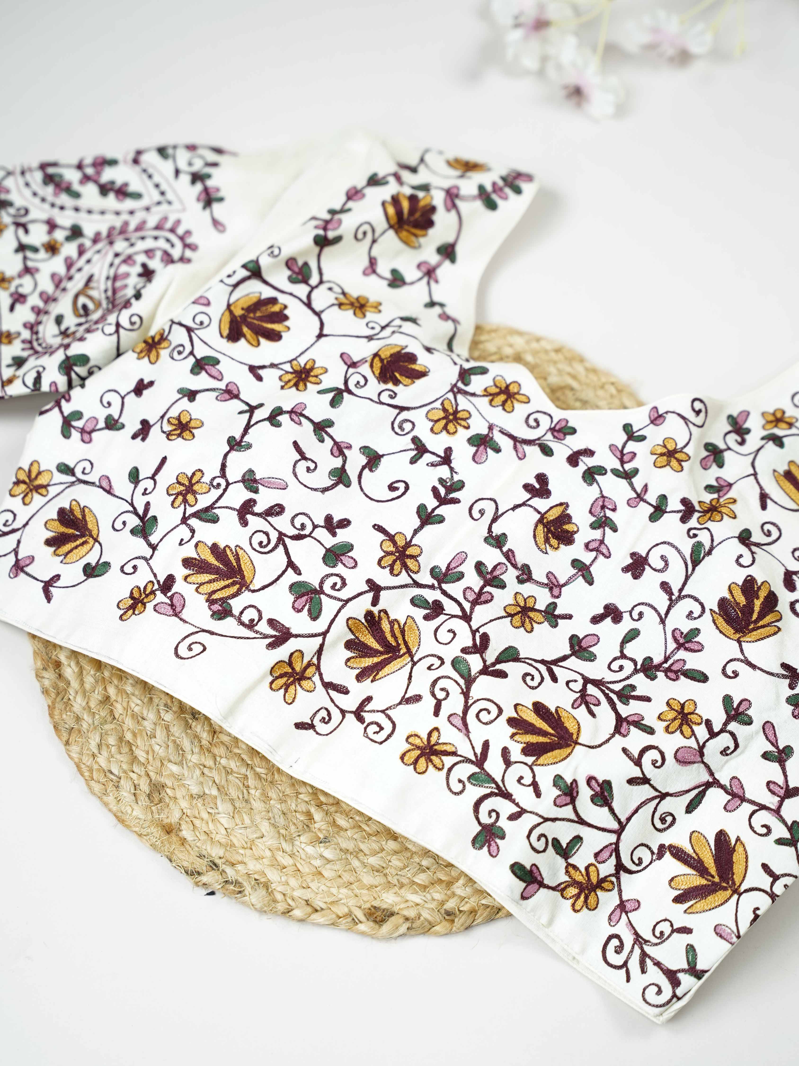 Tussar This elegant white Tussar blouse features finely stitched hand embroidery work.br data-start=79 data-end=82The delicate embroidery adds subtle texture and graceful handcrafted detailing.br data-start=161 data-end=164The classic white shade enhances the intricate work with a pure and timeless appeal.br data-start=248 data-end=251Perfect for ethnic wear, it creates a simple, elegant, and beautifully traditional look. Aadhira - Tussar Silk Saree | Hand Embroidered - Manoranjitham Weaves - Handloom Store