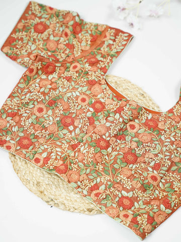 Tussar This elegant orange Tussar blouse features finely stitched hand embroidery with delicate floral designs. The intricate flower patterns add a rich and graceful handcrafted charm.br data-start=179 data-end=182The vibrant orange shade enhances the embroidery, giving it a bright and festive appeal.br data-start=270 data-end=273Perfect for ethnic wear, it creates a stylish and beautifully detailed traditional look. Sutrika - Tussar Silk Saree | Hand Embroidered - Manoranjitham Weaves - Handloom Store