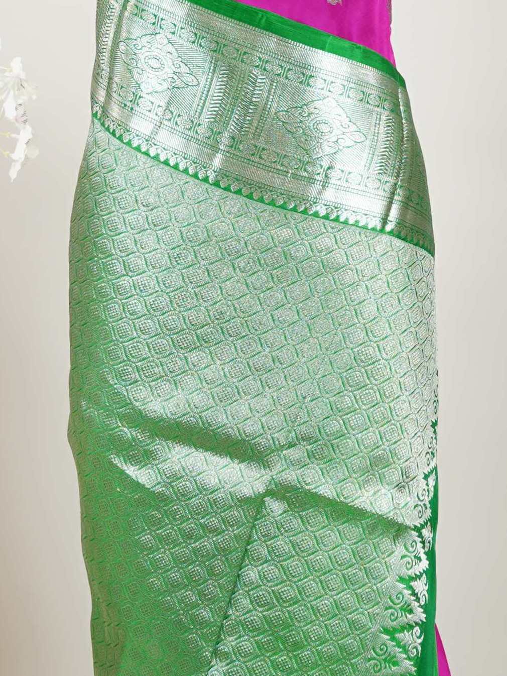 Venkatagiri Silk Woven in the heart of Andhra Pradesh, this Venkatagiri handloom saree is a symbol of regal elegance and heritage. Known for its soft texture and intricate craftsmanship, it drapes gracefully for weddings, pujas, and festive moments. Each thread carries tradition, making it a cherished piece of South Indian artistry. Lightweight yet luxurious — a true sree in every sense. Mridula - Venkatagiri Pure Silk Saree - Manoranjitham Weaves - Handloom Store
