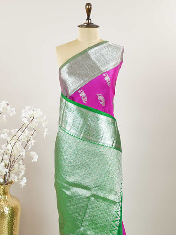 Venkatagiri Silk Woven in the heart of Andhra Pradesh, this Venkatagiri handloom saree is a symbol of regal elegance and heritage. Known for its soft texture and intricate craftsmanship, it drapes gracefully for weddings, pujas, and festive moments. Each thread carries tradition, making it a cherished piece of South Indian artistry. Lightweight yet luxurious — a true sree in every sense. Mridula - Venkatagiri Pure Silk Saree - Manoranjitham Weaves - Handloom Store
