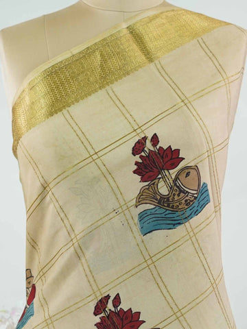 Mysore silk Pure Mysore silk saree featuring classic zari checks paired with intricate hand-drawn pen Kalamkari.br
A striking blend of structured elegance and storytelling artistry, where tradition meets timeless design. Nitye - Pure Mysore Silk Saree | Pen Kalamkari - Manoranjitham Weaves - Handloom Store