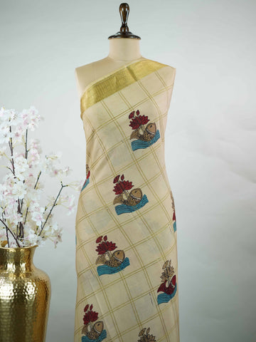 Mysore silk Pure Mysore silk saree featuring classic zari checks paired with intricate hand-drawn pen Kalamkari.br
A striking blend of structured elegance and storytelling artistry, where tradition meets timeless design. Nitye - Pure Mysore Silk Saree | Pen Kalamkari - Manoranjitham Weaves - Handloom Store