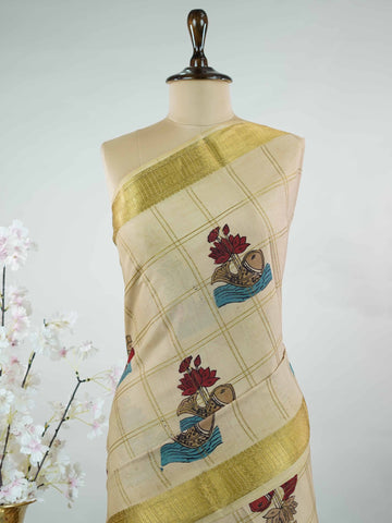 Mysore silk Pure Mysore silk saree featuring classic zari checks paired with intricate hand-drawn pen Kalamkari.br
A striking blend of structured elegance and storytelling artistry, where tradition meets timeless design. Nitye - Pure Mysore Silk Saree | Pen Kalamkari - Manoranjitham Weaves - Handloom Store