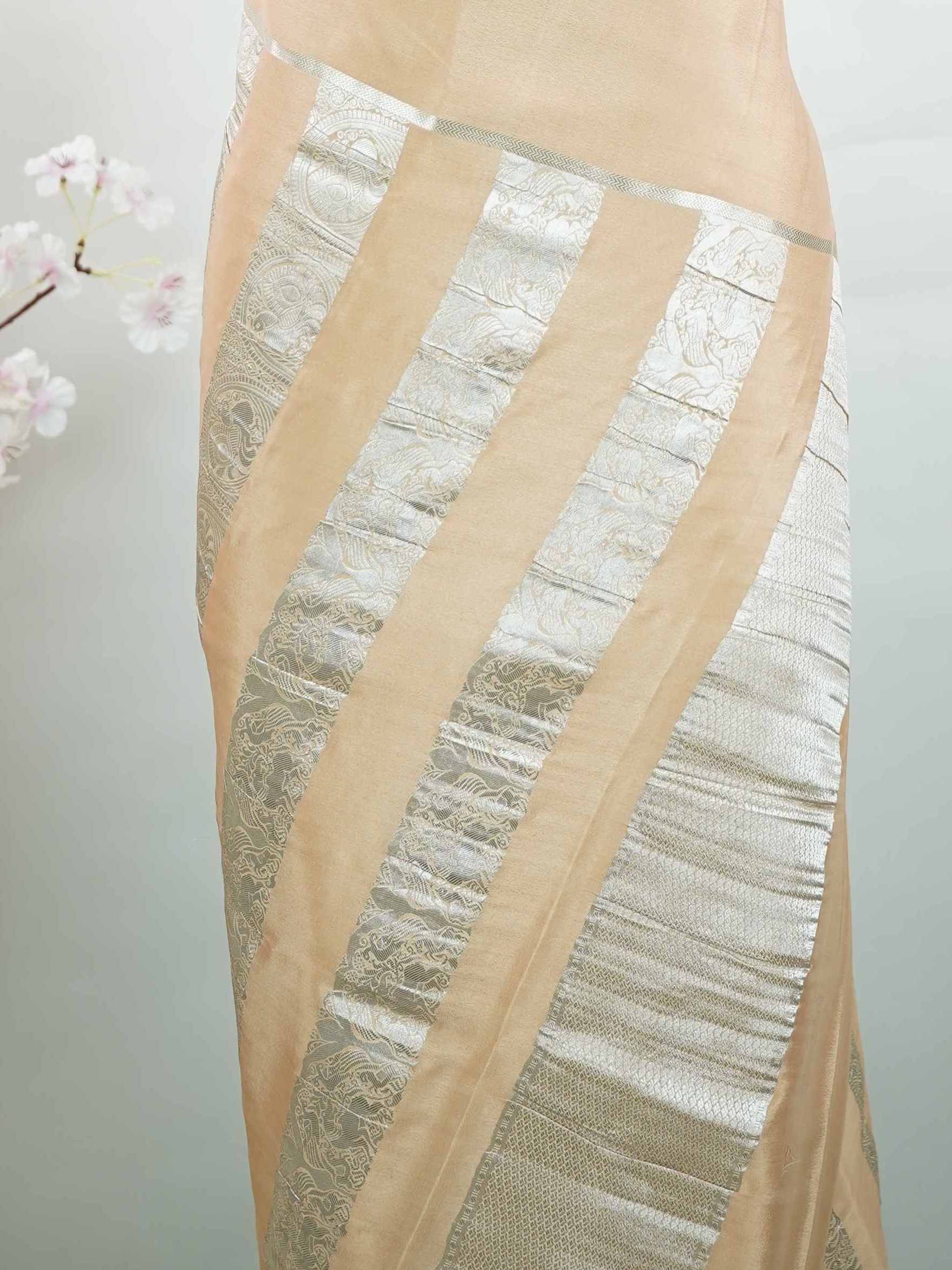 Mysore silk Classic handloom Mysore silk saree with elegant simplicity. The rich texture highlights the beauty of pure silk naturally. Soft and lightweight for graceful movement. Traditional craftsmanship in every detail. Perfect for timeless festive dressing. Charusheela - Pure Mysore Silk Saree - Manoranjitham Weaves - Handloom Store