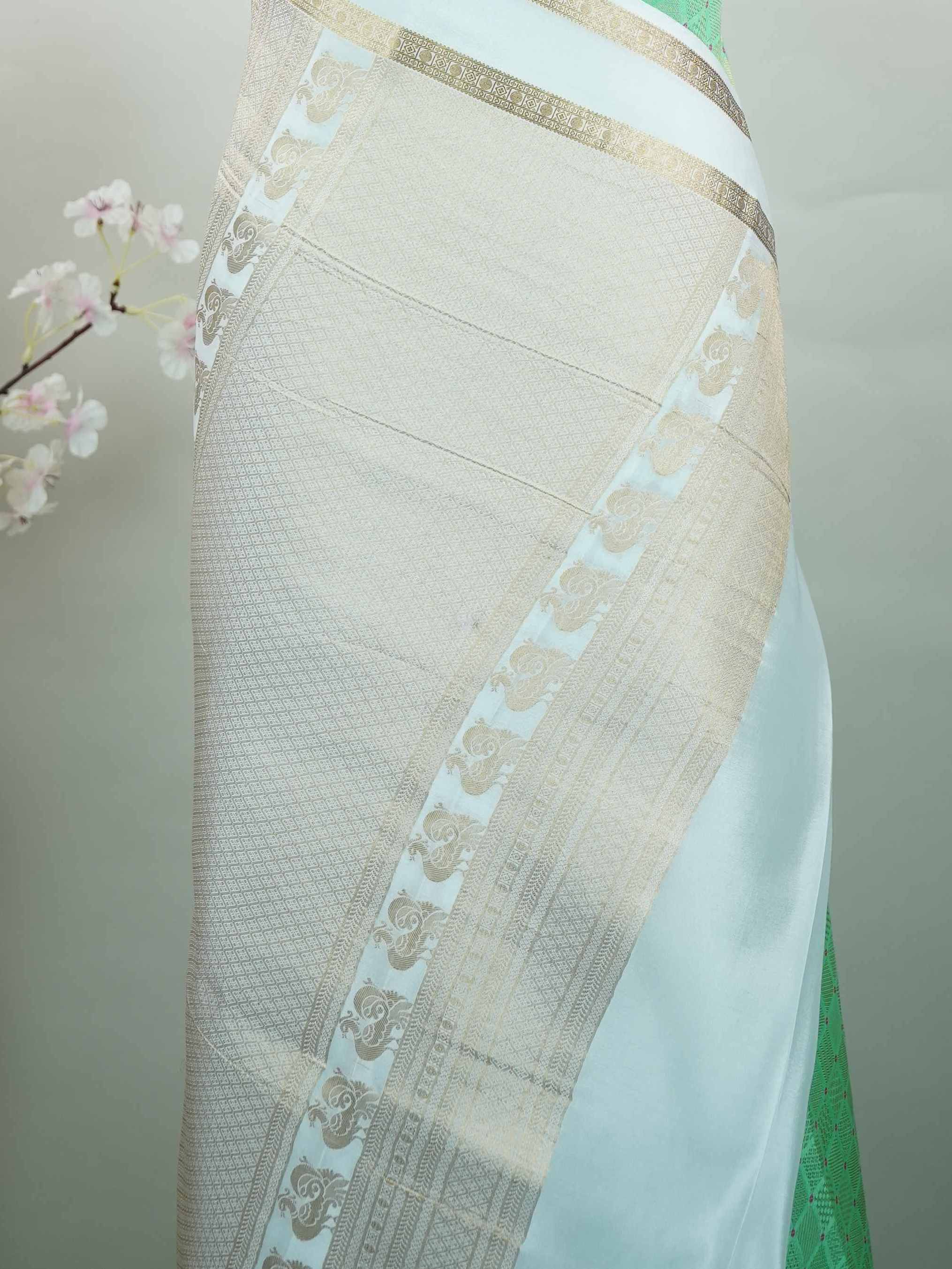 Mysore silk Classic silk saree inspired by traditional Mysore weaving styles. The rich handloom finish adds depth and elegance. Lightweight and easy to carry beautifully. Simple yet luxurious in every way. Perfect for festive and cultural gatherings. Mriduhasini - Pure Mysore Silk Saree - Manoranjitham Weaves - Handloom Store