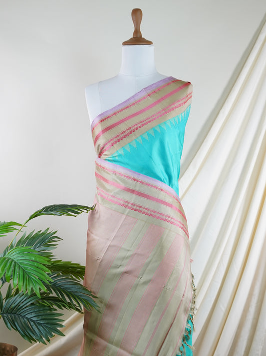Gadwal Silk Blue 100% Pure Silk  - Manoranjitham Weaves - Handloom Store