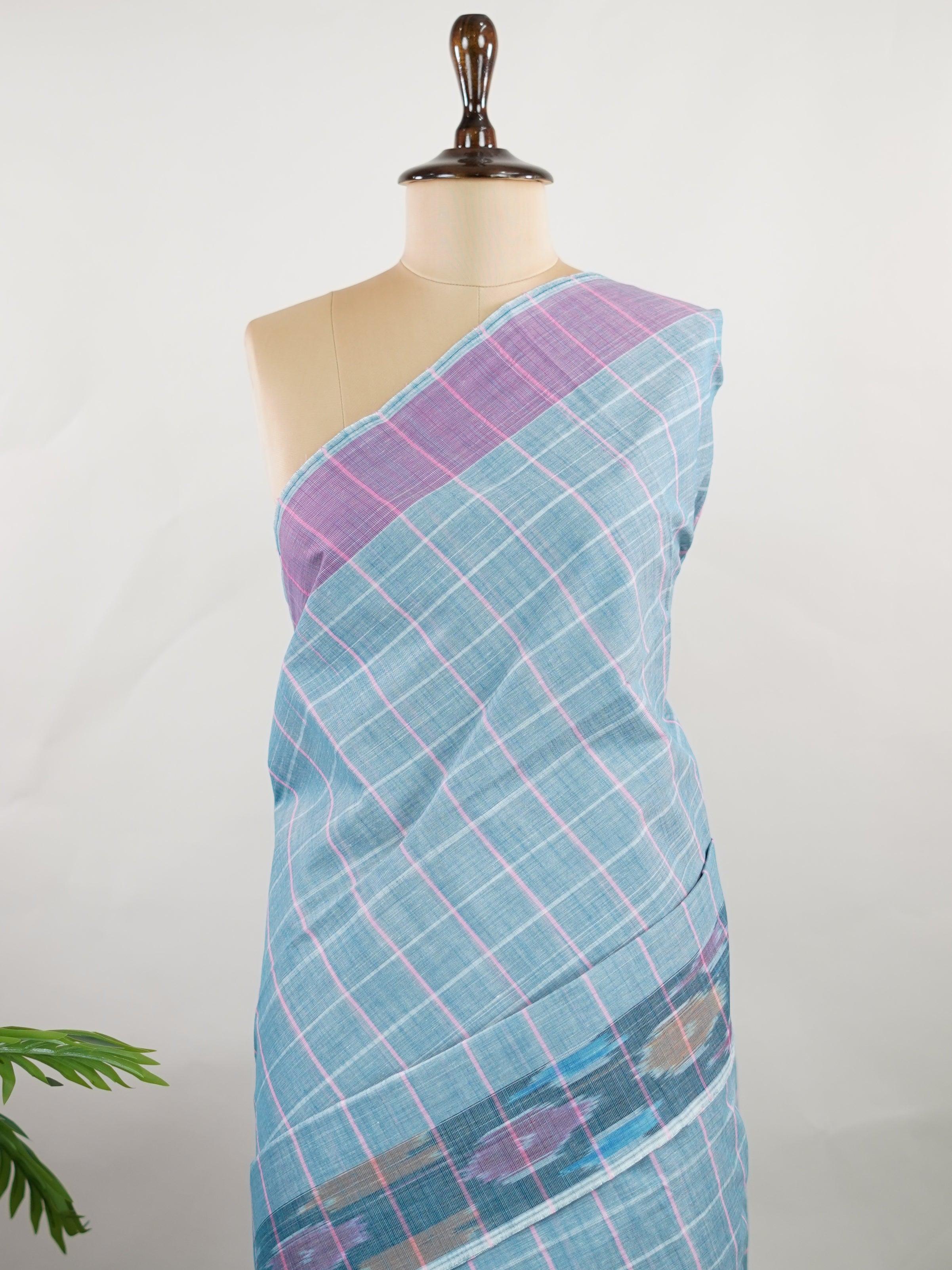 Bengal Cottons Teal South Cotton with Ikkat Style Borders &amp; Grey Blouse Nandini - Teal Handloom Cotton Saree | Ikkat Border - Manoranjitham Weaves - Handloom Store