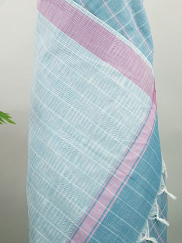 Bengal Cottons Teal South Cotton with Ikkat Style Borders &amp; Grey Blouse Nandini - Teal Handloom Cotton Saree | Ikkat Border - Manoranjitham Weaves - Handloom Store